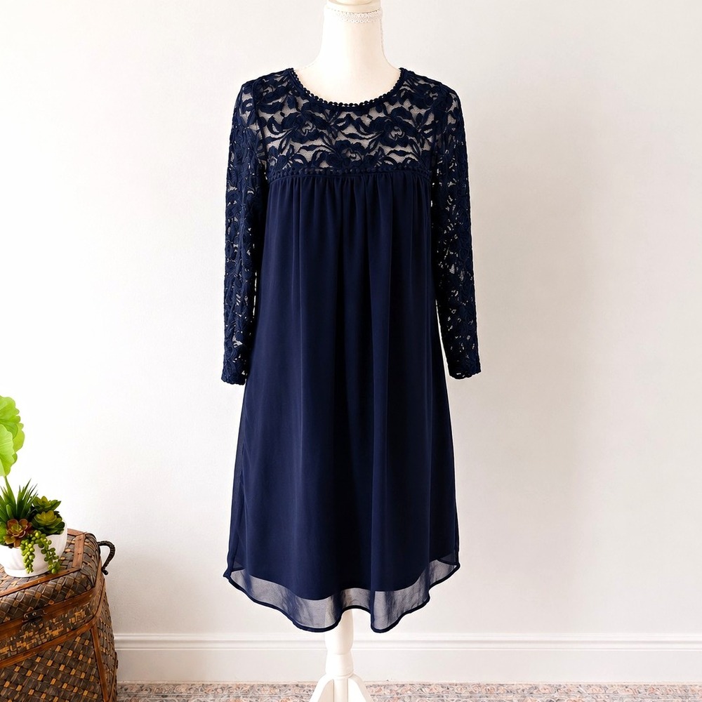 Lily Rose Navy Lace Dress Women's L Romantic Boho Cottagecore Floral Sheer